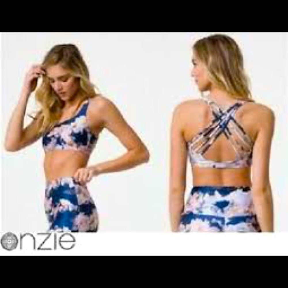Onzie “Chic” Strappy Back Sports Bra (Blue Floral)